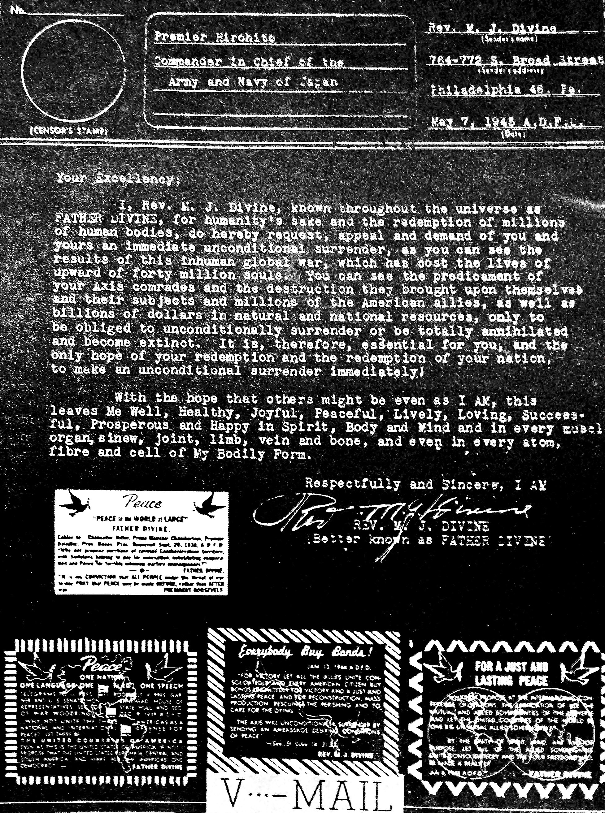 FATHER DIVINE'S V-Letter to Hirohito